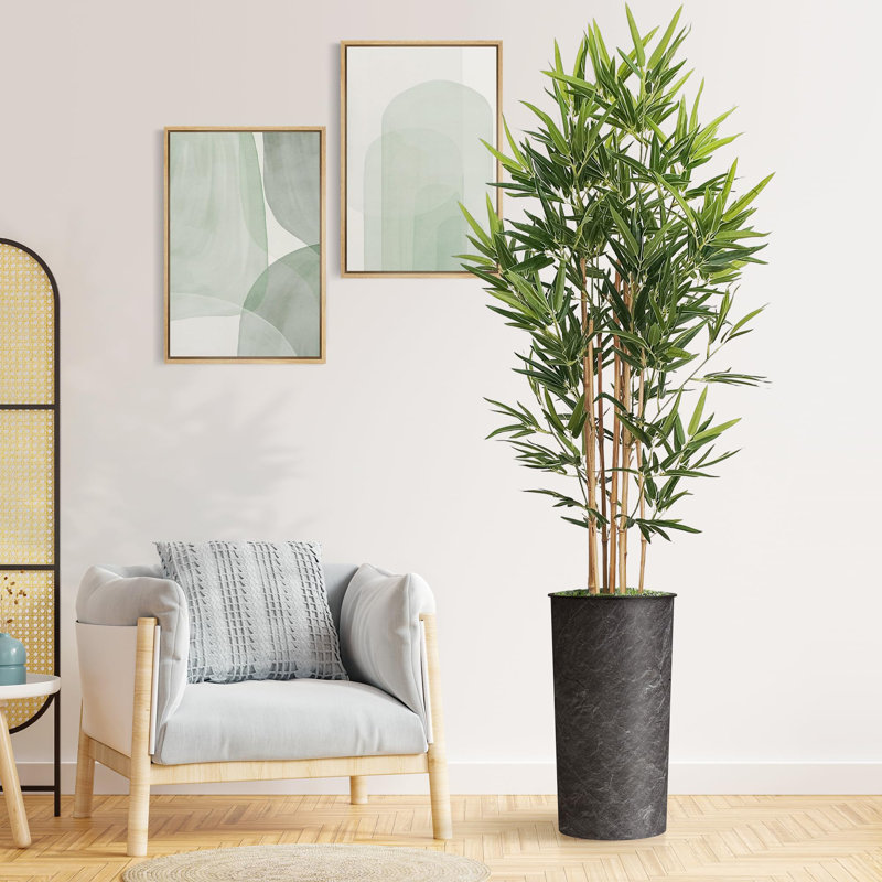 Artificial Tree in Black White Wood Tree Rings Pattern Planter Fake Bamboo Silk Tree, Stone Dark Grey