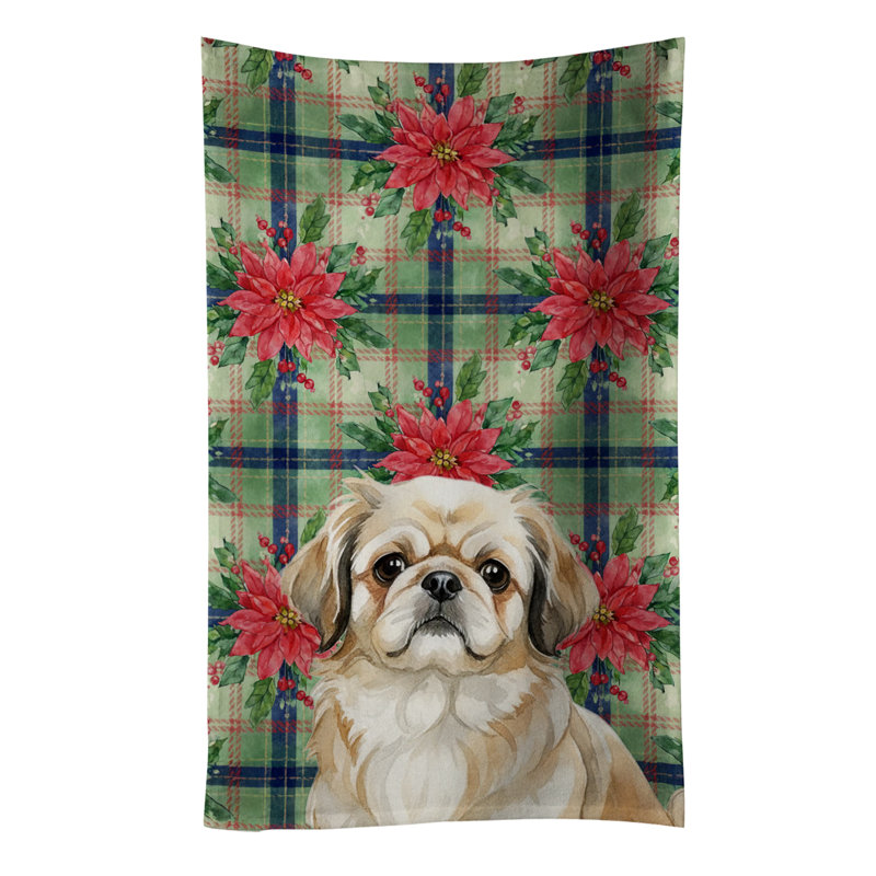 Fawn Pekingese Christmas PoinsettIas Kitchen Towel, Fawn Pekingese