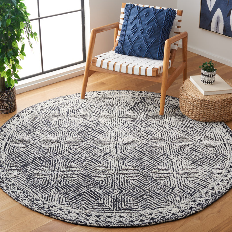 Friedi Tufted Wool/Pet Yarn Geometric Rug in Ivory/Black, Round 6'
