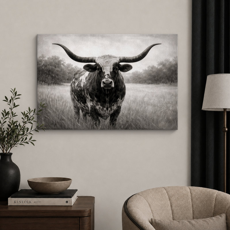 «Black and White Longhorn Bull Farmhouse», images de bureau, impression sur toile encadrée, impression numérique