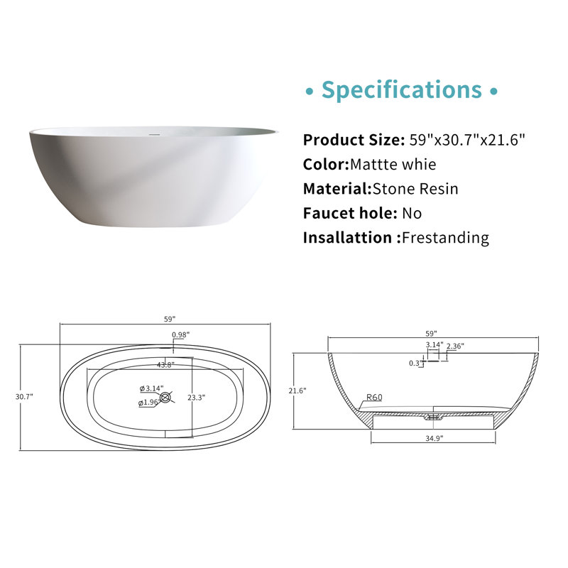 Baignoire autoportante ovale blanche mate | Résine de pierre à surface solide | Baignoire à rebords épais | Trop-plein et bonde à poussoir