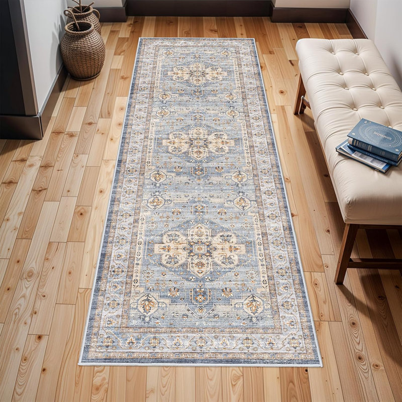 Washable Hallway Rug: Non Slip Rugs with Rubber Backing Soft Kitchen Rug Farmhouse Distressed Carpet for Living Room Bedroom Bathroom (Blue)