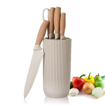 Messer Set, 6-Teiliges Khaki Scharfes Messerblock Set Für Küche, Antihaft Rutschfestes Edelstahl-Kochmesser-Set Mit Universal-Messerblock Geeignet Für Home Restaurant Picknick (Khaki)