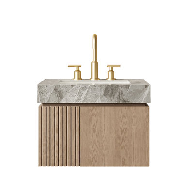 Meuble-lavabo de salle de bain, meuble de rangement flottant en contreplaqué avec 2 portes, comptoir en pierre frittée et lavabo en céramique avec 3 trous de robinet pré-percés, pré-assemblé