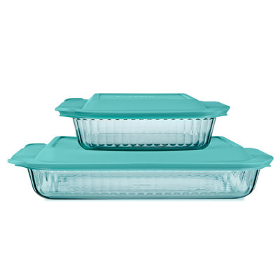 Pyrex Sculpted Tinted Glass 3QT/9x13" Rectangle + 2QT/8" Square Baking Dishes, 2-Pack, Aqua