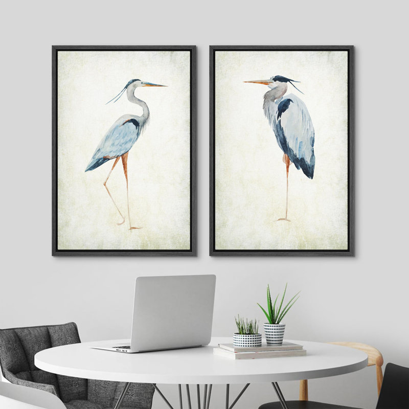 «Blue Heron Bird Portrait Coastal Beach Decor», ensemble de 2 reproductions d'art encadrées sur toile, Noir