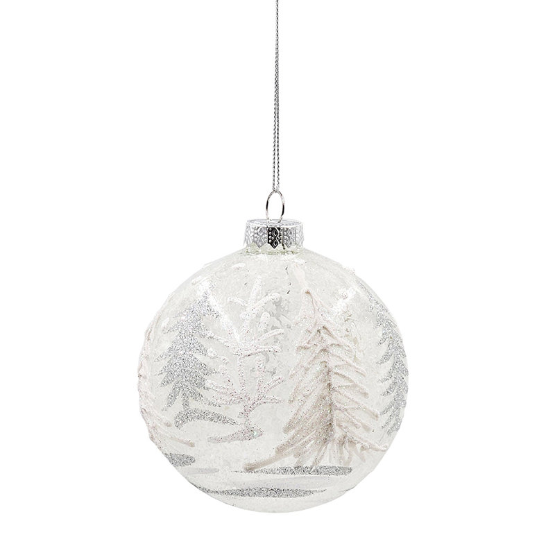 Set of 6 White and Silver Glass Tree Pattern Ornaments