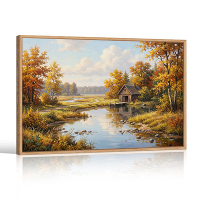 Autumn Cabin by River with Golden Trees Canvas Wall Art