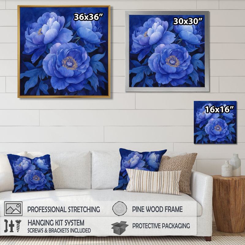 Minuit bleu pivoines Bouquet III - pivoines, art mural pour le salon, H 30 po x l 30 po, Argent argent