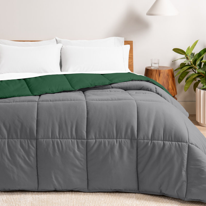 Édredon réversible en microfibre ultra douce de qualité supérieure, Édredon simple/simple TG, Gris / vert forêt
