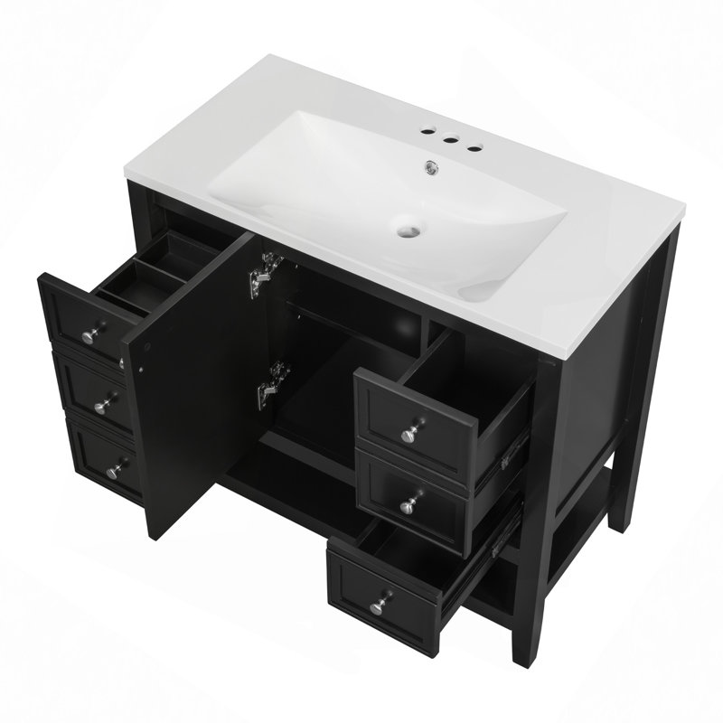 Ensemble de meuble-lavabo 36 po avec lavabo, une armoire et trois tiroirs, bois massif et panneau de fibres à densité moyenne