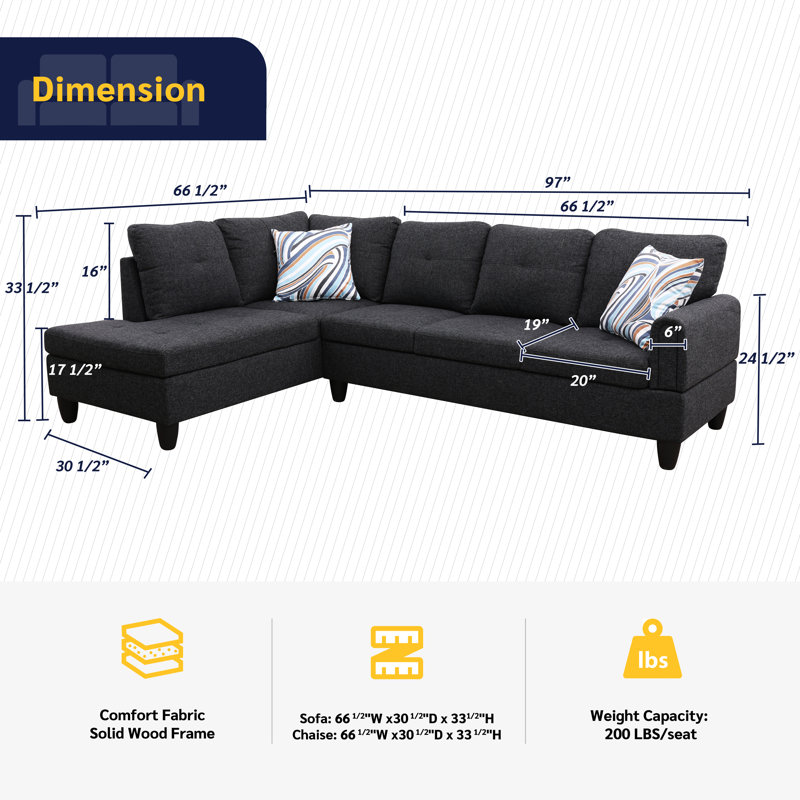 Anabrenda Upholstered L-Shaped Sectional, Left Hand Facing, Black Gray Linen Blend