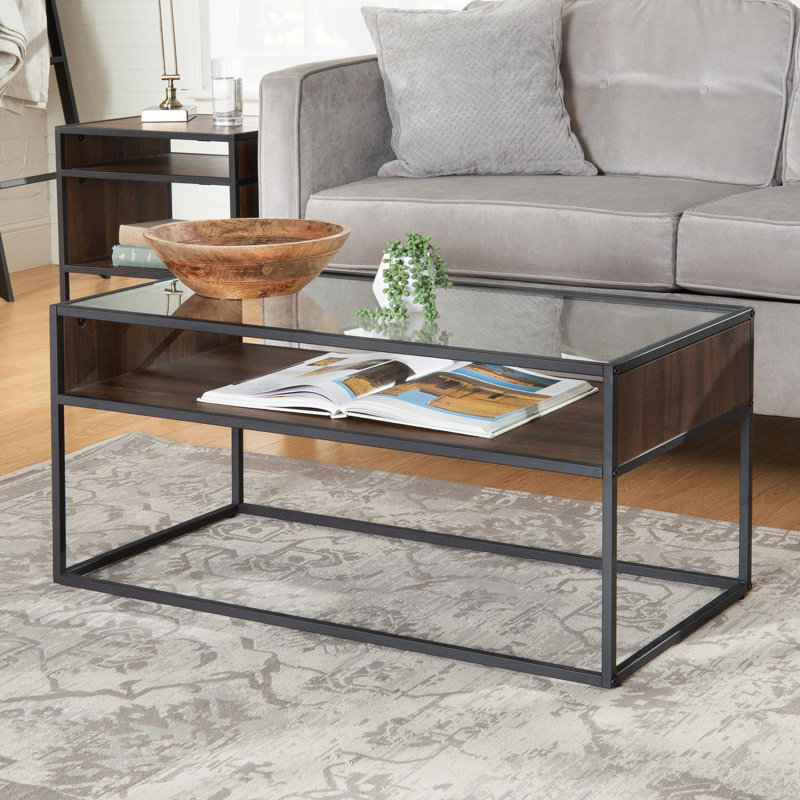 Table basse à cadre avec rangement Barkad, Noyer foncé