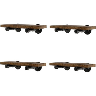 Wall Mounted Floating Shelves, Floating Shelves With Industrial Pipe Brackets Set Of 4 Rustic Wood Storage Shelf For Bedroom Living Room Bathroom Kitchen Office And More (4, Brown)