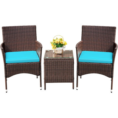 3 Piece Patio Bistro Set, PE Rattan Chairs & Glass Coffee Table, Outdoor Balcony Furniture