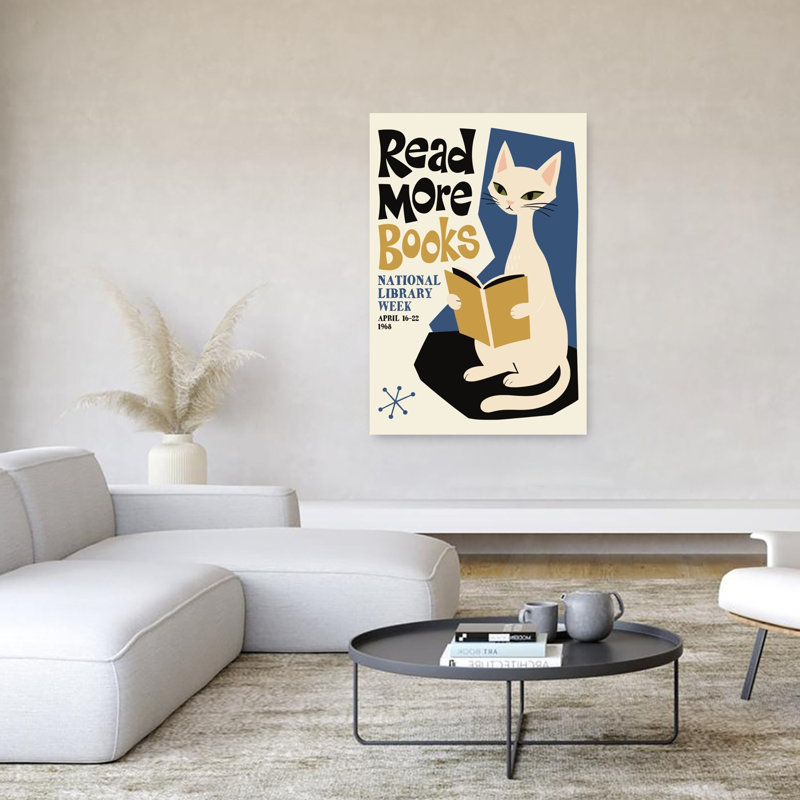 Affiche murale représentant un chat lisant, style classique moderne rétro du milieu du siècle., H 60 po x l 40 po