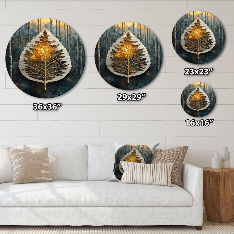 Art mural rond en métal moderne, lever de soleil moderne et feuilles, H 23 po x l 23 po