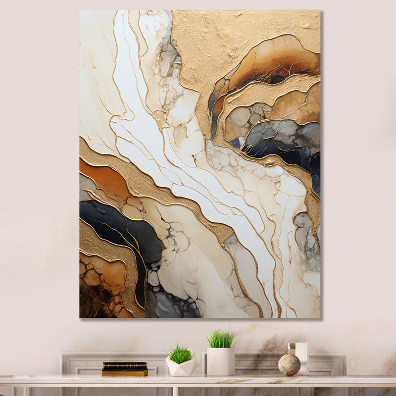Or et rivière de marbre blanc II - impressions sur toile abstraites, Toile tendue, H 40 po x l 30 po