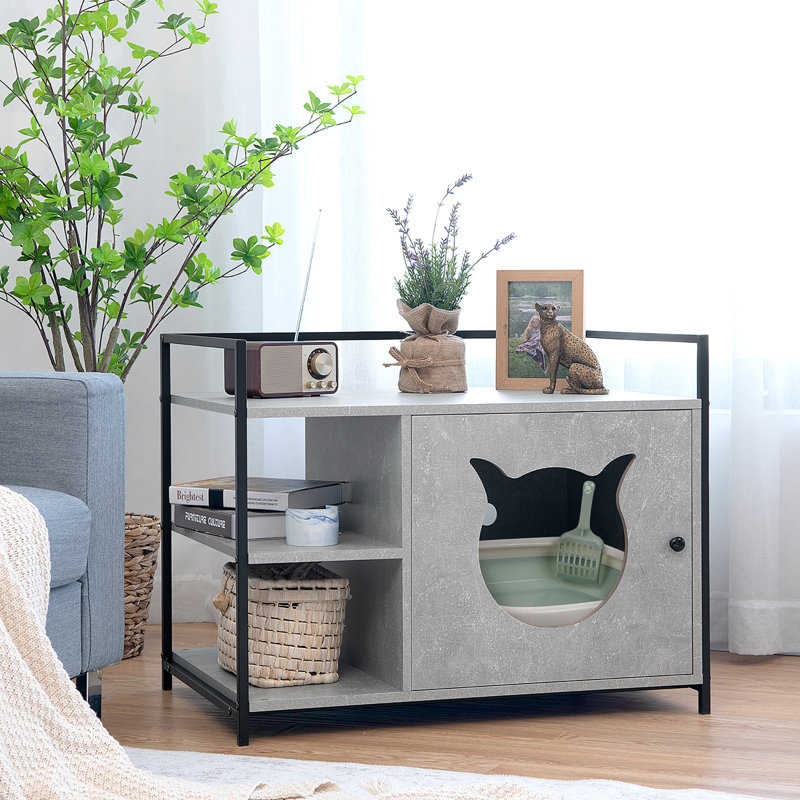 Enceinte de litière pour chat cachée avec tablette de rangement à 2 niveaux, gris