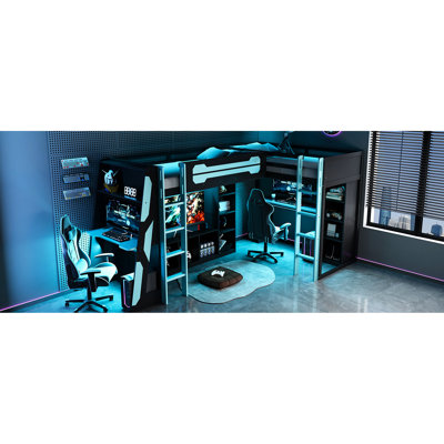 Lit de jeu en L en forme de L avec lumières DEL, charge, meuble télé et rangement multiple, réversible pour l'adapter à la pièce - bleu, bandes d'option simple, lits doubles, sous différentes configurations en bois