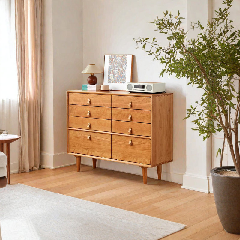 Modern Simple Cherry Wood Storage Porch Cabinet Solid Wood 6 -Drawer Accent Cabinet