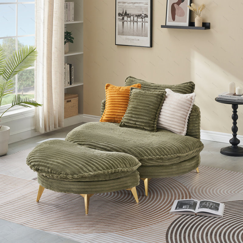 Oversized Reading Chair Upholstered Chaise Lounge Chair Barrel Chair with Ottoman, Green Corduroy