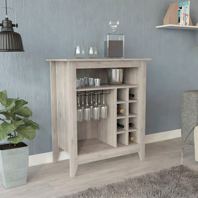 Armoire de bar Essential, une tablette ouverte, six supports à vin intégrés, un tiroir - gris clair