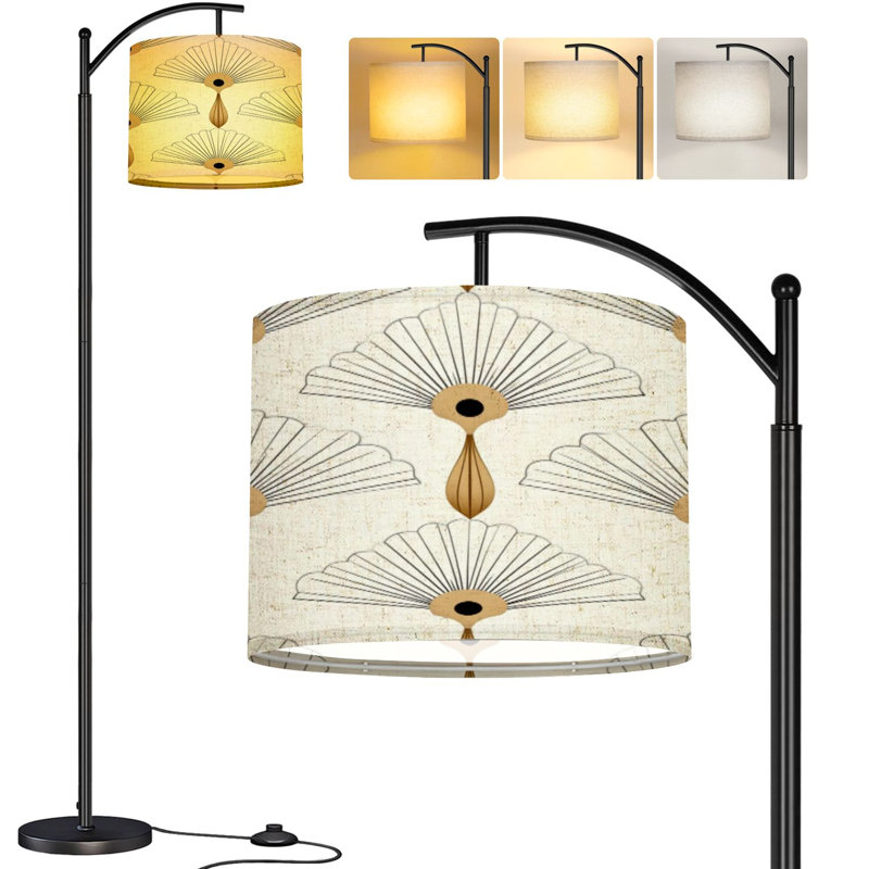  Arc Floor Lamp Vintage Art Deco Seamless Geometric decorative Tall Modern Standing Lamp LED Adjustable Linen Lampshade 3 Color Temperatures