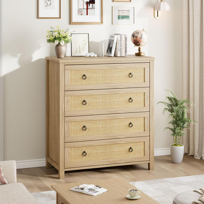 Drawer Tall Dresser, Rattan and Wood Boho Chest of Drawers with Storage for Bedroom, Natural Oak