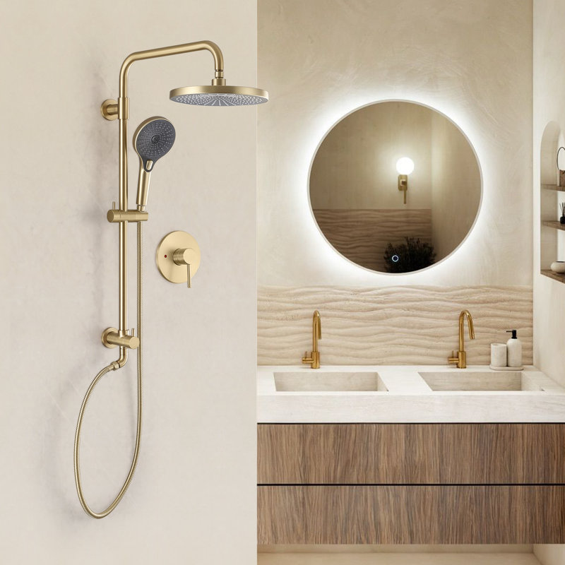 Cascade 10" Solid Brass Exposed Round Shower Combo Set With Pressured Balanced Valve, Brushed Gold with Rough-in Valve