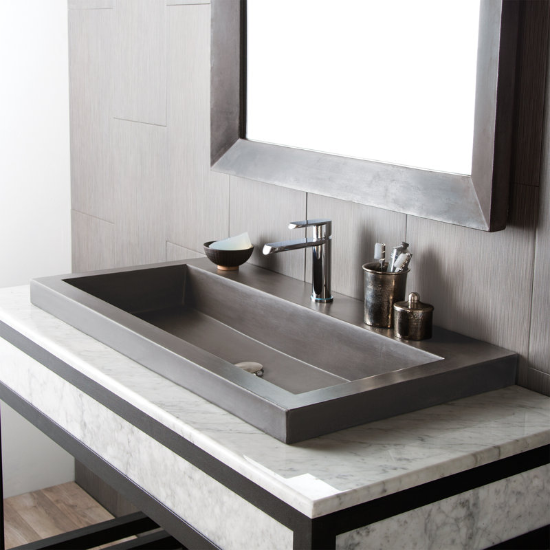 Lavabo de salle de bain en béton fabriqué à la main 36 po Native Stone Trough, Robinets à monotrou, Ardoise