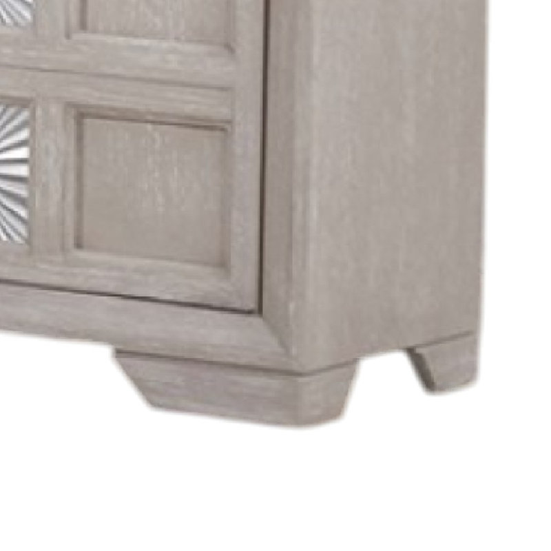 Buffet console Diaz, 3 portes, motif soleil levant, gris clair