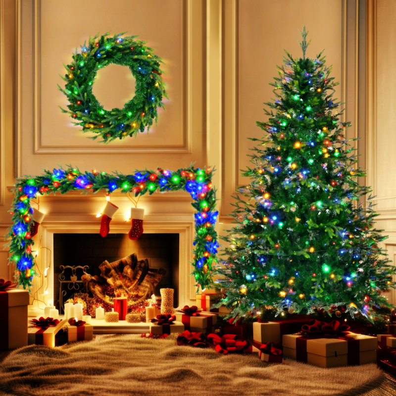 Pre-Lit Aspen Fir Artificial Christmas Tree With Wreath & Garland,Grass  Xmas Tree With 380 Multi-Colour LED Lights, 11 Lighting Modes, 861 PE Branch Tips, For Indoor Holiday Decor