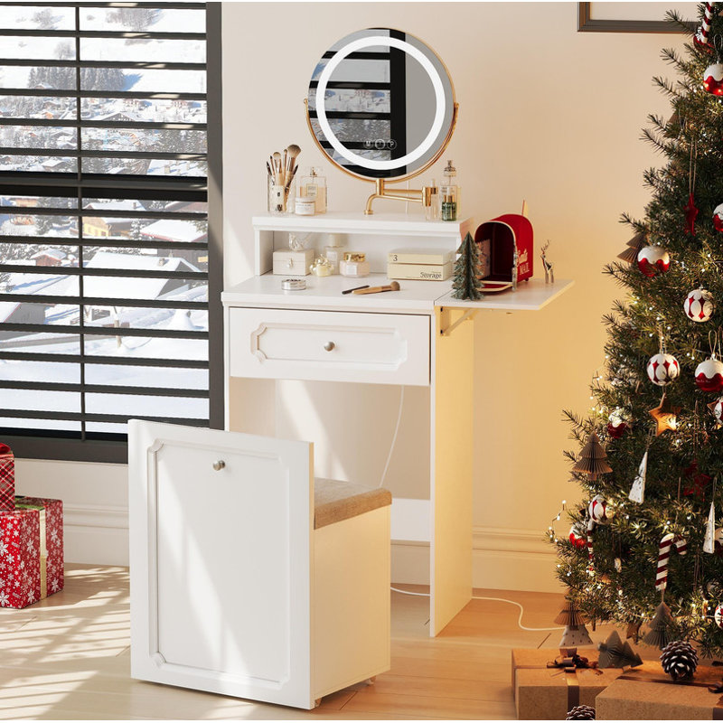 White Makeup Vanity Desk with Round Mirror and Lights, 2 in 1 Nightstand, Dressing Table with a Chair