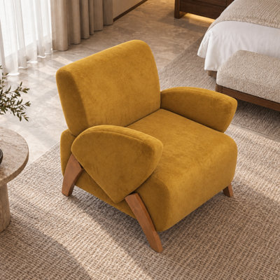 Modern Compact Velvet Curved Arm Solid Birch Leg Accent Chair for Living Room Study and Office