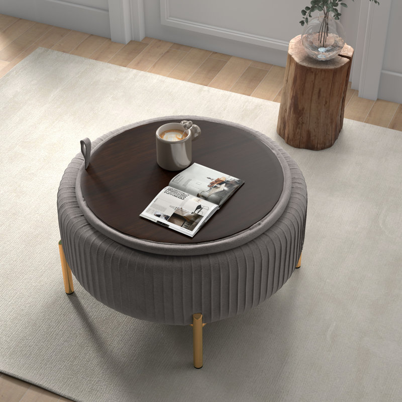 Chynna Upholstered Round Storage Ottoman, Gray