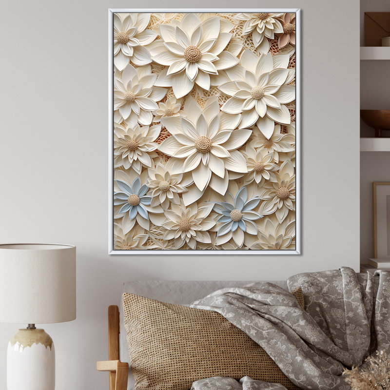 "Beige Whimsical Paper Poinsettias Flowers", reproduction d'art sur toile, Cadre flottant blanc, 44" H x 34" W