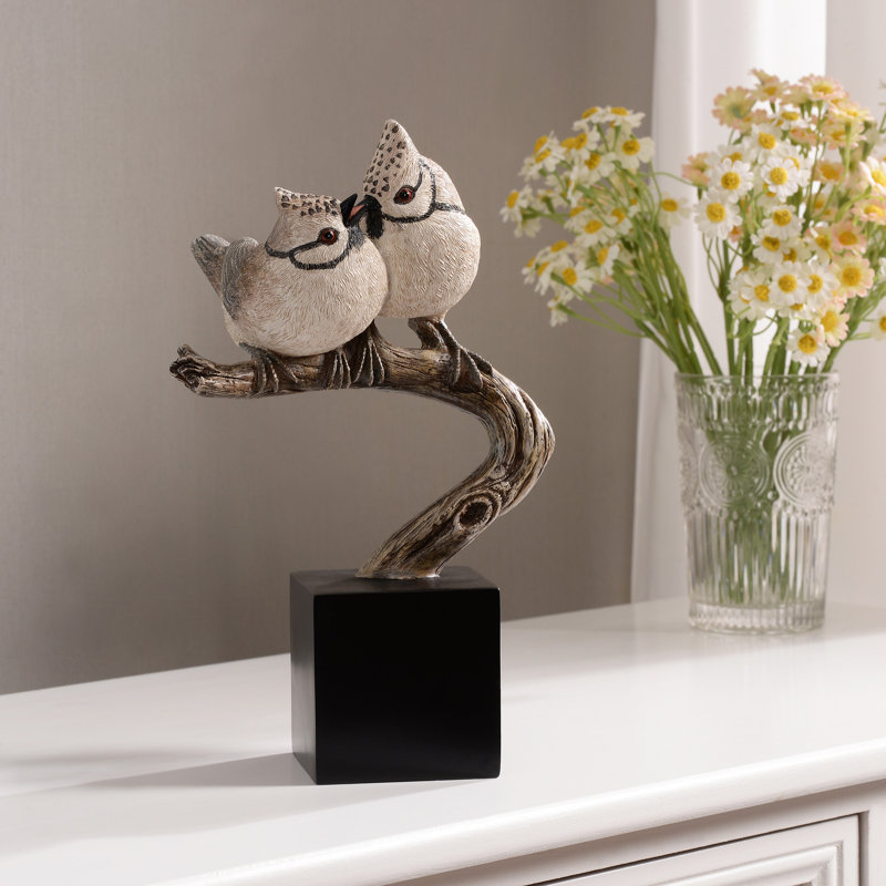 Couple Crested Tit On Branch Lifelike Bird Resin Home Tabletop Decor