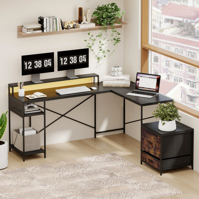 2-in-1 Convertible L-Shaped or Straight Computer Desk with Fabric Drawers, CPU Shelf & Built-in Power Outlets, Black