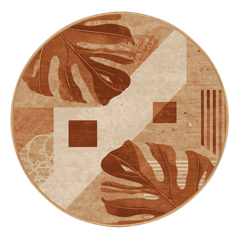 Tapis abstrait moderne et contemporain lavable à la machine Oyan Monstera en brun - reliure brun clair, Rond 8 pi