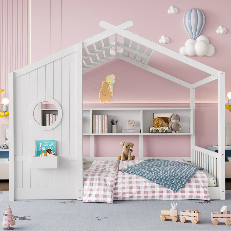 Lit pleine grandeur pour enfant pour tout-petit, lit Montessori pour enfants avec tablette de rangement, maisonnette, gris