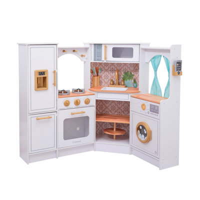 Ultimate Corner Wooden Play Kitchen With Lights & Sounds, Play Phone And Curtains, White