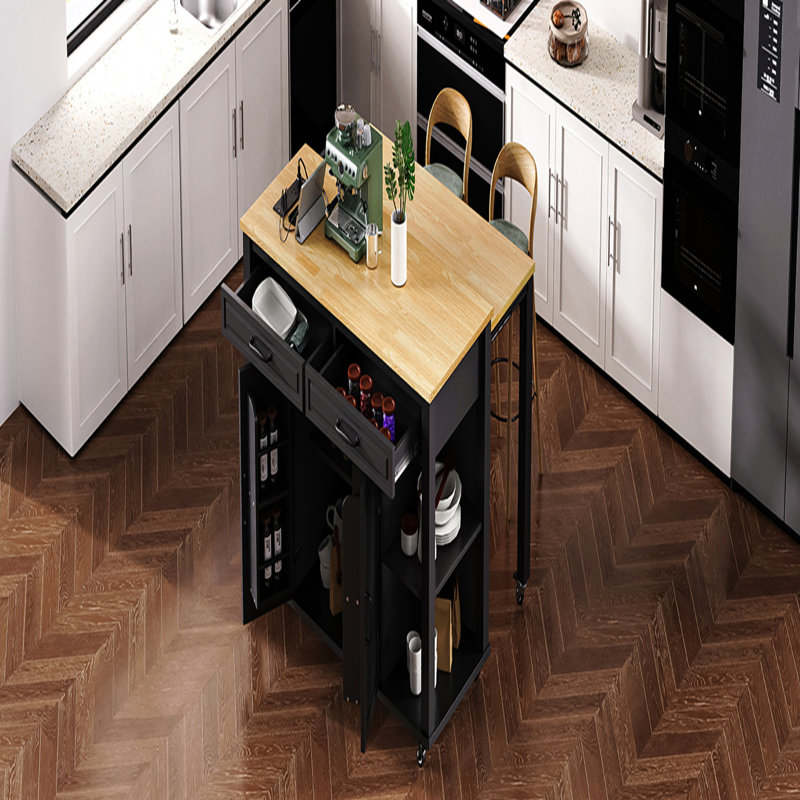 Îlot de cuisine de 47 po avec table de salle à manger extensible, table de cuisine en placage de bois d'hévéa avec support de rangement interne, prise de courant, îlot de cuisine avec rangement 2 tiroirs et 2 armoires, noir