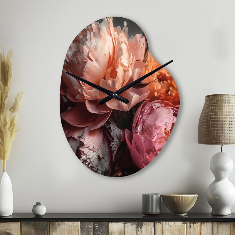 Horloge murale orange en forme de pivoines roses et roses, Petit