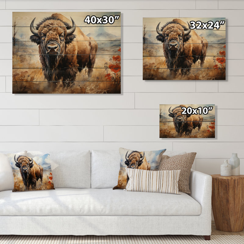 Bisons des prairies brunes sur bois, H 30 po x l 40 po x P 0,78 po