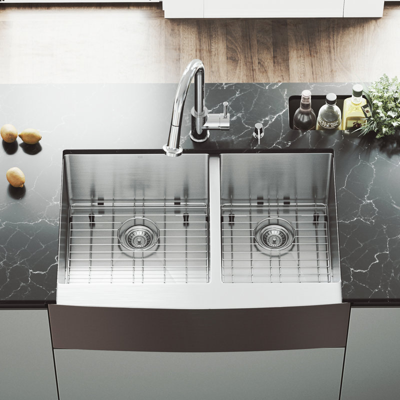 Bingham 33" L x 22 " W Double Basin Farmhouse Sink with Sink Grid