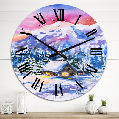 Petite maison enneigée dans un paysage d'hiver - horloge murale champêtre