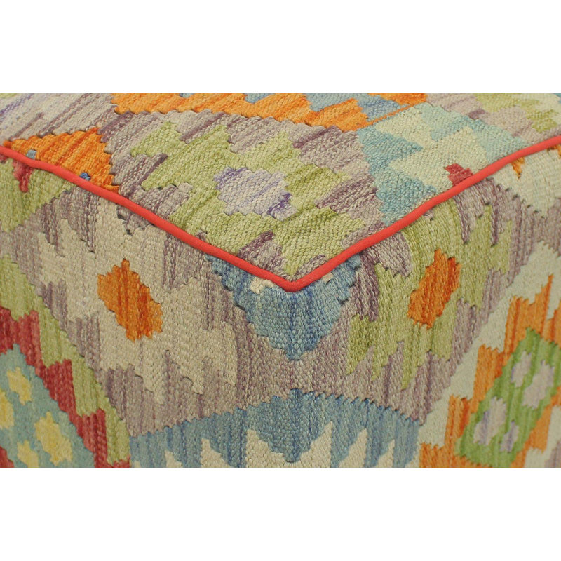 Aprea Upholstered Ottoman, Blue/Beige/Orange/Red Wool