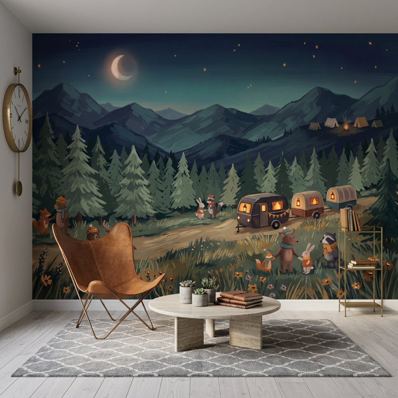 Papier peint de nuit, paysage de montagne, décoration de camping amovible, Non tissé, 160 po x 108 po