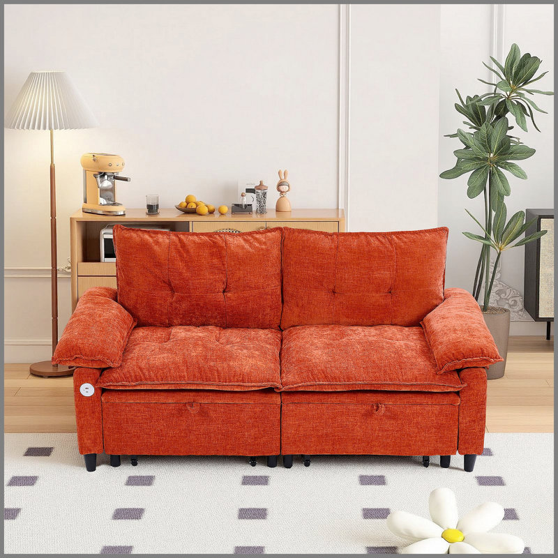 Canapé-lit convertible 73 po en velours orange avec matelas coulissant
